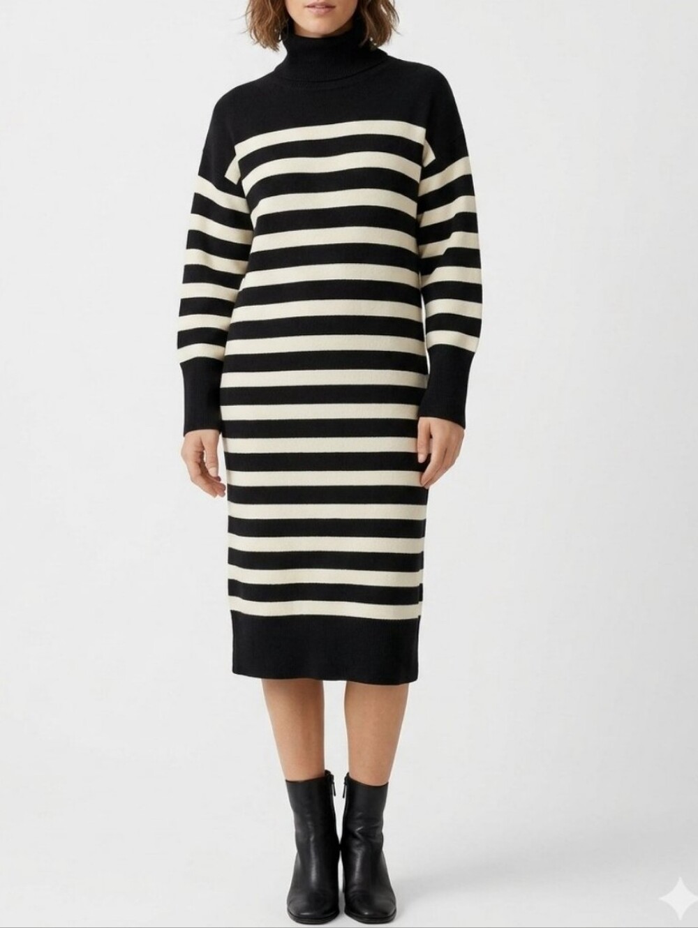 Zara Striped Turtleneck Midi Sweater Dress M Black Cream Winter Oversized Ribbed